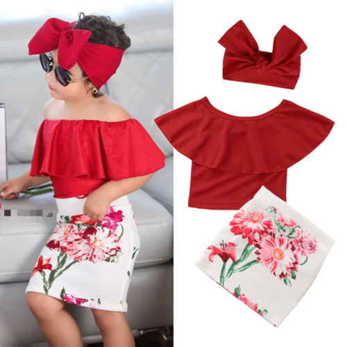 Solid Color Ruffles T-shirt Tops + High Waist Floral Skirt + Headband