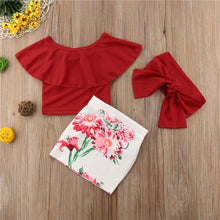 Load image into Gallery viewer, Solid Color Ruffles T-shirt Tops + High Waist Floral Skirt + Headband