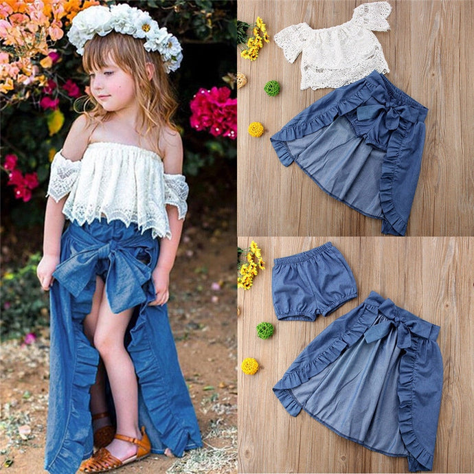 Kids Baby Girls Clothes Lace Off Shoulder pullover Geometry short sleeve Tops solid Shorts Bow skirts 3pc cotton Toddler Outfits