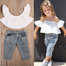 Load image into Gallery viewer, Off shoulder Crop Tops White+ Hole Denim Pant