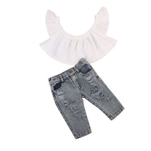 Load image into Gallery viewer, Off shoulder Crop Tops White+ Hole Denim Pant