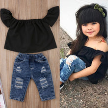 Load image into Gallery viewer, Black Top Ruffles+Denim Hole Pant