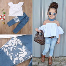 Load image into Gallery viewer, White Top Ruffles+Denim Floral Lace Pant