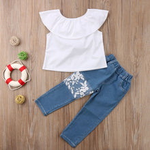 Load image into Gallery viewer, White Top Ruffles+Denim Floral Lace Pant