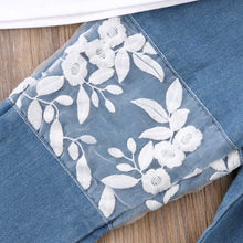 Load image into Gallery viewer, White Top Ruffles+Denim Floral Lace Pant