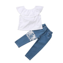 Load image into Gallery viewer, White Top Ruffles+Denim Floral Lace Pant